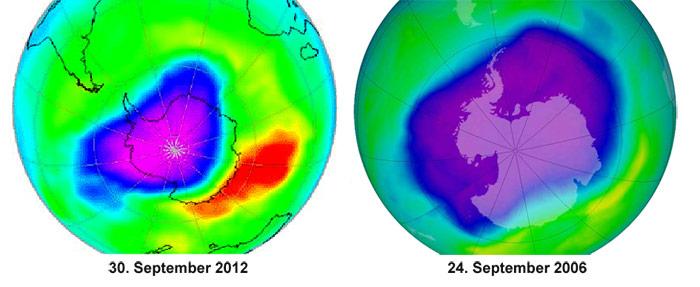 Deutlich zu erkennen ist der Unterschied von der grössten Ausdehnung des Ozonloches am 24. September 2006 zur Ausdehnung vom 30. September 2012.