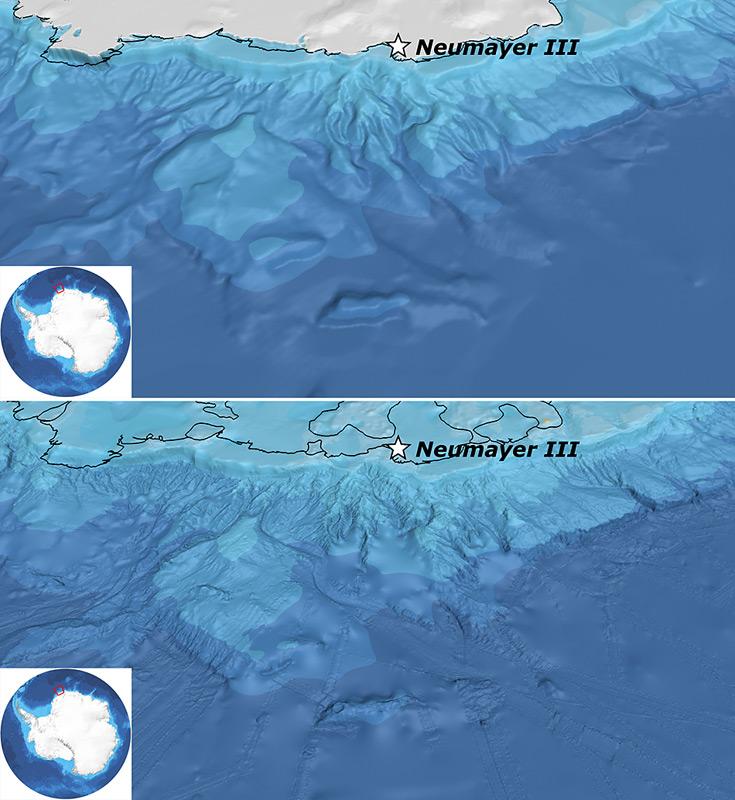 Diese zwei Bilder zeigen die Darstellung der Region nördlicher der Neumayer-Station III (Weddellmeer) im alten GEBCO_08 Datenraster (oben) sowie im Vergleich dazu die Darstellung im neuen IBCSO-Raster (unten). Die Linien, welche man in der IBCSO-Darstellung erkennen kann, sind die Echolot-Messpfade der Forschungsschiffe. Abbildung: IBCSO/Alfred-Wegener-Institut