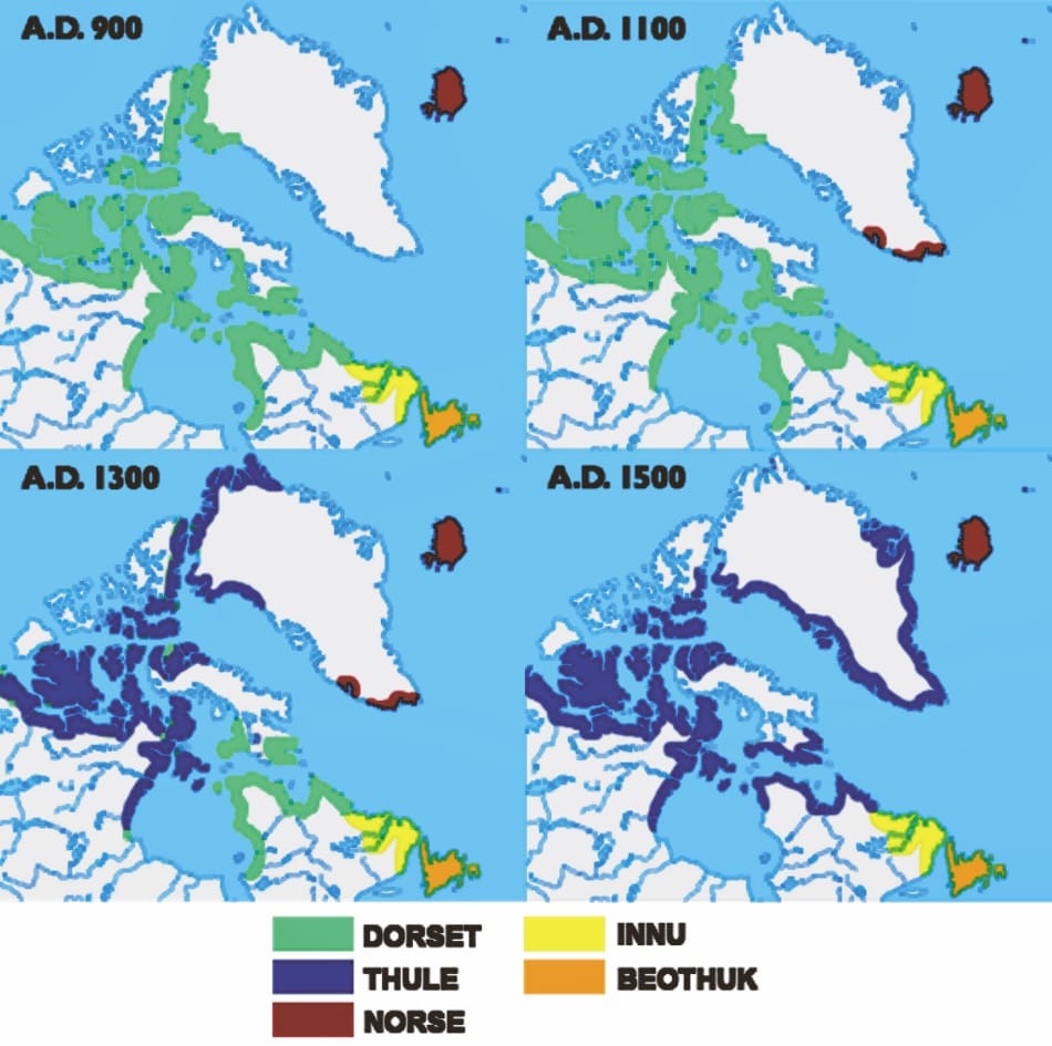 Die Arktis wurde mehrfach von verschiedenen Kulturen besiedelt, die ihre Spuren in den Regionen hinterlassen hatten. Nachfolgende Kulturen bestritten häufig an denselben Orten mit weiterentwickelten Methoden und Werkzeugen ihre Lebensgrundlagen. Bild: Wikipedia (modifiziert)