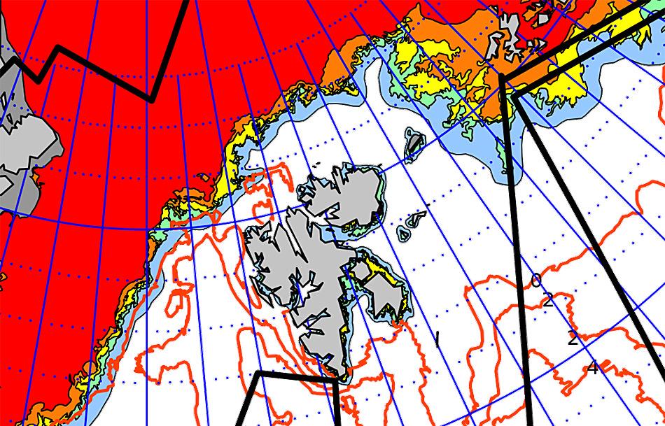 Ausschnitt der Eiskarte vom 9.12.2015 vom Norwegischen Meteorologischen Institut. Um Spitzbergen ist das Meer derzeit völlig eisfrei.