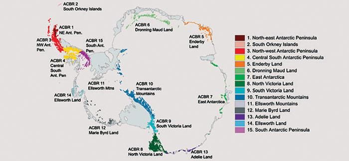 Antarktis in 15 Regionen unterteilt